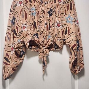 Christian Siriano Beige Floral Tie-Front Blouse